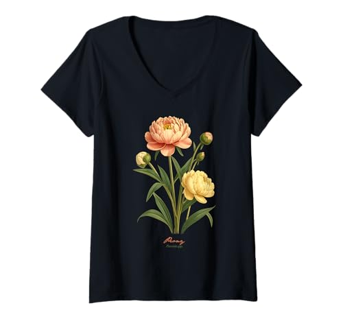 Damen Pfingstrose Blume wissenschaftlicher Name Vintage Illustration Blumen T-Shirt mit V-Ausschnitt Damen Pfingstrose Blume wissenschaftlicher Name Vintage Illustration Blumen T-Shirt mit V-Ausschnitt von Flowers Scientific Names Illustration DonaOnca