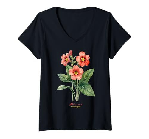 Damen Primelblüte, wissenschaftlicher Name, Vintage-Illustration, Blumen T-Shirt mit V-Ausschnitt Damen Primelblüte, wissenschaftlicher Name, Vintage-Illustration, Blumen T-Shirt mit V-Ausschnitt von Flowers Scientific Names Illustration DonaOnca