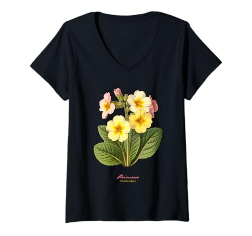 Damen Primelblüte, wissenschaftlicher Name, Vintage-Illustration, Blumen T-Shirt mit V-Ausschnitt Damen Primelblüte, wissenschaftlicher Name, Vintage-Illustration, Blumen T-Shirt mit V-Ausschnitt von Flowers Scientific Names Illustration DonaOnca