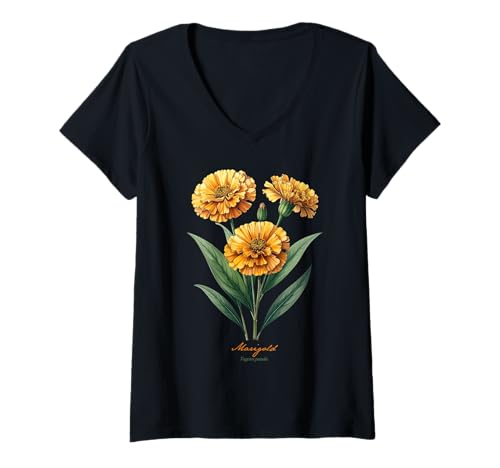 Damen Ringelblume Wissenschaftlicher Name Vintage Illustration Blumen T-Shirt mit V-Ausschnitt Damen Ringelblume Wissenschaftlicher Name Vintage Illustration Blumen T-Shirt mit V-Ausschnitt von Flowers Scientific Names Illustration DonaOnca