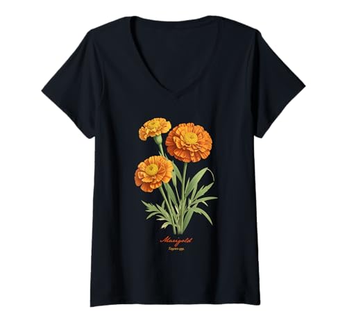 Damen Ringelblume Wissenschaftlicher Name Vintage Illustration Blumen T-Shirt mit V-Ausschnitt Damen Ringelblume Wissenschaftlicher Name Vintage Illustration Blumen T-Shirt mit V-Ausschnitt von Flowers Scientific Names Illustration DonaOnca