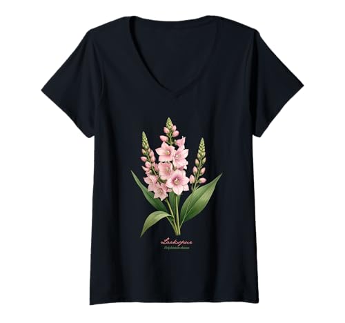 Damen Rittersporn Blume wissenschaftlicher Name Vintage Illustration Blumen T-Shirt mit V-Ausschnitt Damen Rittersporn Blume wissenschaftlicher Name Vintage Illustration Blumen T-Shirt mit V-Ausschnitt von Flowers Scientific Names Illustration DonaOnca