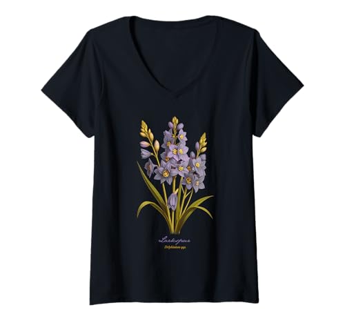 Damen Rittersporn Blume wissenschaftlicher Name Vintage Illustration Blumen T-Shirt mit V-Ausschnitt Damen Rittersporn Blume wissenschaftlicher Name Vintage Illustration Blumen T-Shirt mit V-Ausschnitt von Flowers Scientific Names Illustration DonaOnca