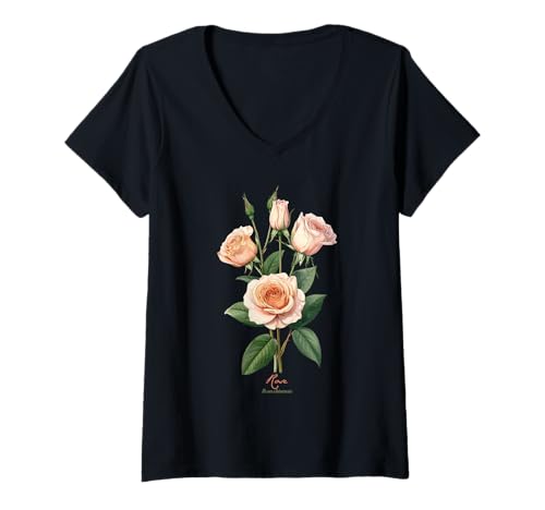 Damen Rose Blume wissenschaftlicher Name Vintage Illustration Blumen T-Shirt mit V-Ausschnitt Damen Rose Blume wissenschaftlicher Name Vintage Illustration Blumen T-Shirt mit V-Ausschnitt von Flowers Scientific Names Illustration DonaOnca