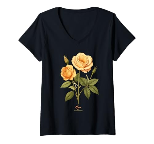 Damen Rose Blume wissenschaftlicher Name Vintage Illustration Blumen T-Shirt mit V-Ausschnitt Damen Rose Blume wissenschaftlicher Name Vintage Illustration Blumen T-Shirt mit V-Ausschnitt von Flowers Scientific Names Illustration DonaOnca