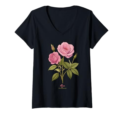 Damen Rose Blume wissenschaftlicher Name Vintage Illustration Blumen T-Shirt mit V-Ausschnitt Damen Rose Blume wissenschaftlicher Name Vintage Illustration Blumen T-Shirt mit V-Ausschnitt von Flowers Scientific Names Illustration DonaOnca