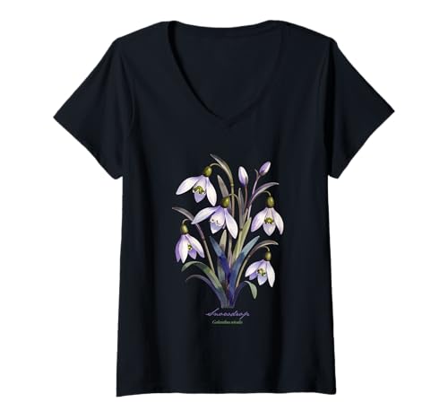 Damen Schneeglöckchen Blume wissenschaftlicher Name Vintage Illustration Blumen T-Shirt mit V-Ausschnitt Damen Schneeglöckchen Blume wissenschaftlicher Name Vintage Illustration Blumen T-Shirt mit V-Ausschnitt von Flowers Scientific Names Illustration DonaOnca