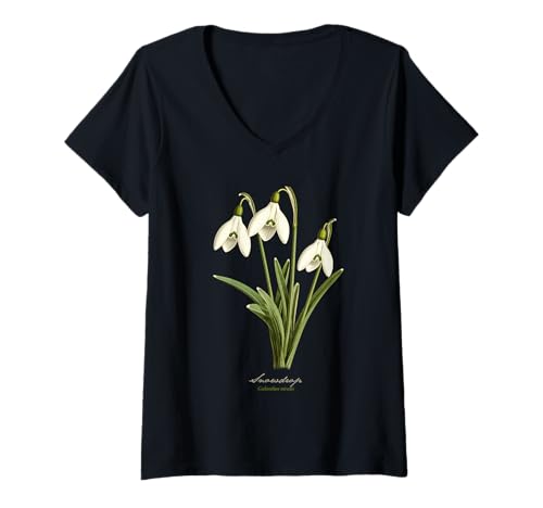 Damen Schneeglöckchen Blume wissenschaftlicher Name Vintage Illustration Blumen T-Shirt mit V-Ausschnitt Damen Schneeglöckchen Blume wissenschaftlicher Name Vintage Illustration Blumen T-Shirt mit V-Ausschnitt von Flowers Scientific Names Illustration DonaOnca