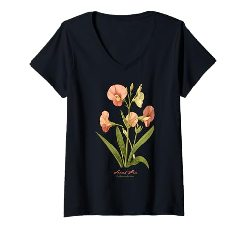 Damen Süße Erbsenblume, wissenschaftlicher Name, Vintage-Illustration, Flora T-Shirt mit V-Ausschnitt Damen Süße Erbsenblume, wissenschaftlicher Name, Vintage-Illustration, Flora T-Shirt mit V-Ausschnitt von Flowers Scientific Names Illustration DonaOnca