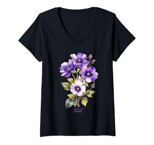 Damen Violette Blume wissenschaftlicher Name Vintage Illustration Blumen T-Shirt mit V-Ausschnitt Damen Violette Blume wissenschaftlicher Name Vintage Illustration Blumen T-Shirt mit V-Ausschnitt von Flowers Scientific Names Illustration DonaOnca
