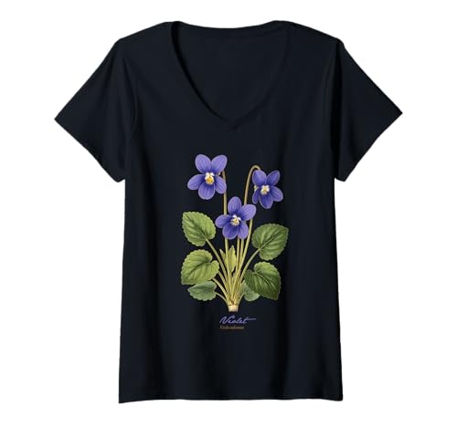 Damen Violette Blume wissenschaftlicher Name Vintage Illustration Blumen T-Shirt mit V-Ausschnitt Damen Violette Blume wissenschaftlicher Name Vintage Illustration Blumen T-Shirt mit V-Ausschnitt von Flowers Scientific Names Illustration DonaOnca