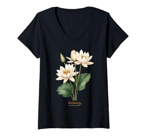 Damen Wasserlilie Blume wissenschaftlicher Name Vintage Illustration Flora T-Shirt mit V-Ausschnitt Damen Wasserlilie Blume wissenschaftlicher Name Vintage Illustration Flora T-Shirt mit V-Ausschnitt von Flowers Scientific Names Illustration DonaOnca