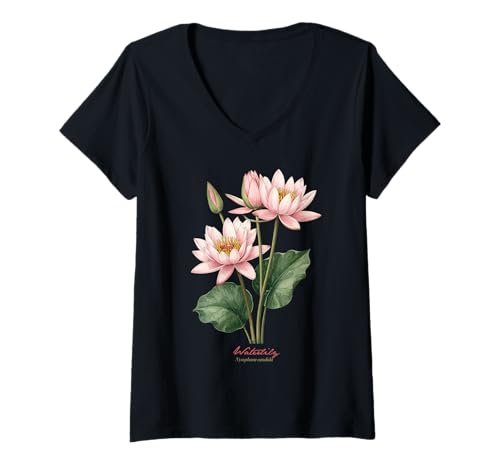 Damen Wasserlilie Blume wissenschaftlicher Name Vintage Illustration Flora T-Shirt mit V-Ausschnitt Damen Wasserlilie Blume wissenschaftlicher Name Vintage Illustration Flora T-Shirt mit V-Ausschnitt von Flowers Scientific Names Illustration DonaOnca