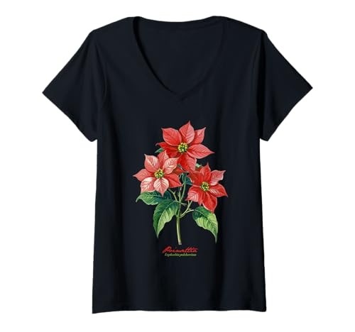 Damen Weihnachtsstern Blume wissenschaftlicher Name Retro Illustration Flora T-Shirt mit V-Ausschnitt Damen Weihnachtsstern Blume wissenschaftlicher Name Retro Illustration Flora T-Shirt mit V-Ausschnitt von Flowers Scientific Names Illustration DonaOnca
