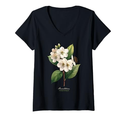 Damen Weißdorn Blume wissenschaftlicher Name Vintage Illustration Blumen T-Shirt mit V-Ausschnitt Damen Weißdorn Blume wissenschaftlicher Name Vintage Illustration Blumen T-Shirt mit V-Ausschnitt von Flowers Scientific Names Illustration DonaOnca