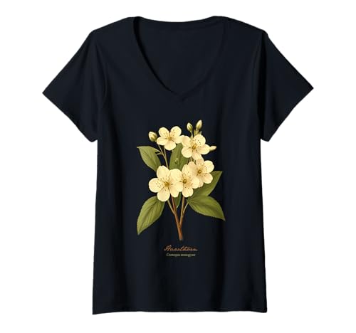 Damen Weißdorn Blume wissenschaftlicher Name Vintage Illustration Blumen T-Shirt mit V-Ausschnitt Damen Weißdorn Blume wissenschaftlicher Name Vintage Illustration Blumen T-Shirt mit V-Ausschnitt von Flowers Scientific Names Illustration DonaOnca