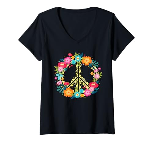 Damen Peace Love Hippie Design - 60er 70er T-Shirt mit V-Ausschnitt Damen Peace Love Hippie Design - 60er 70er T-Shirt mit V-Ausschnitt von Flowers & Hippy design