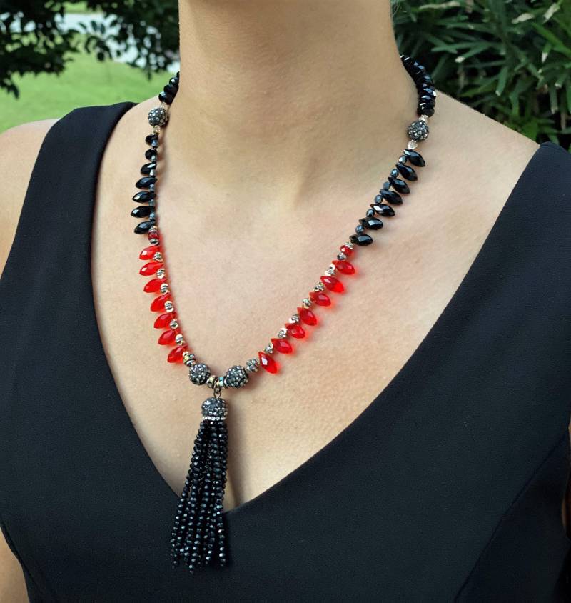 Elegante Lange Rote & Schwarze Moderne Halskette Geschenk Für Frauen Sparkly Kristall Hochzeit 30. 40. 50. Geburtstag Mutter Tochter von FlowingStoneJewelry
