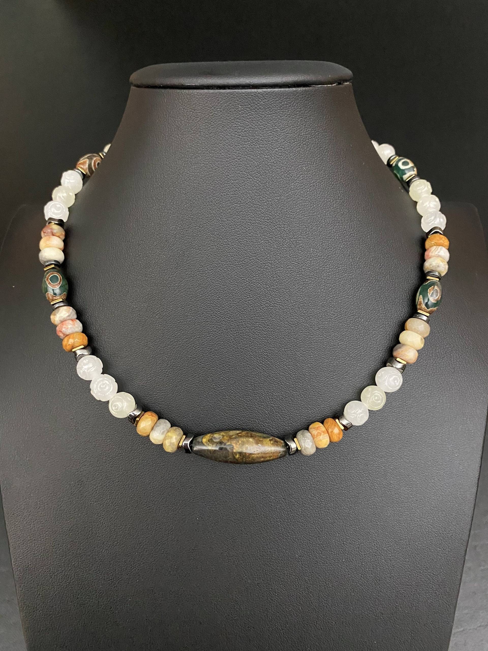 Herren Edelstein Halskette Surferkette Achat Perlen Für Männer Strand Ihn Geschenk Mann Freund Vatertag von FlowingStoneJewelry