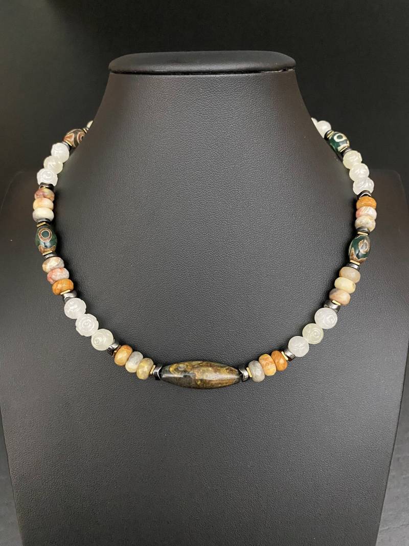 Herren Edelstein Halskette Surferkette Achat Perlen Für Männer Strand Ihn Geschenk Mann Freund Vatertag von FlowingStoneJewelry