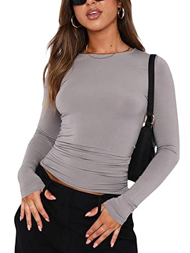 Damen Langarm Crop Top Einfarbig Casual Basic Slim Fit Rundhals T-Shirt Ausgehen Tops Streetwear, A-Light Grau, M von Flprinces