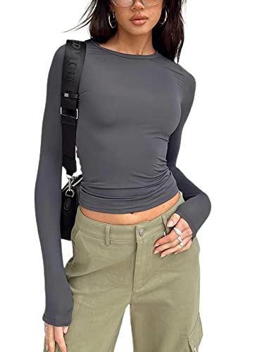 Damen Langarm Crop Top Einfarbig Casual Basic Slim Fit Rundhals T-Shirt Ausgehen Tops Streetwear, A-a-grau, Small von Flprinces