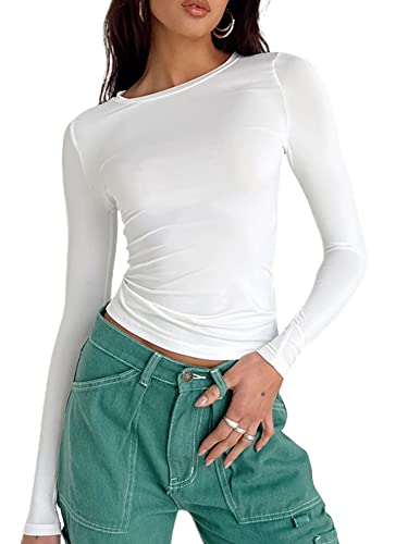 Frauen Langarm Crop Top Einfarbig Casual Basic Slim Fit Rundhals T-Shirt Ausgehen Tops Streetwear, A-C-Weiß, Small von Flprinces