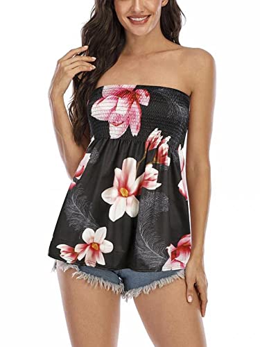 Flprinces Damen Tube Tops Ärmellos trägerlos rückenfrei Plissee Stretch Bandeau Tank Top Tunika Weste Hemd Bluse, B-Rosa Blume, Large von Flprinces