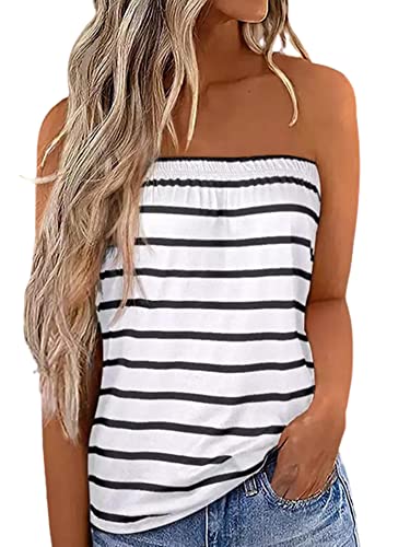 Flprinces Damen Tube Tops Ärmellos trägerlos rückenfrei Plissee Stretch Bandeau Tank Top Tunika Weste Hemd Bluse, C-a-White Stripes, Large von Flprinces