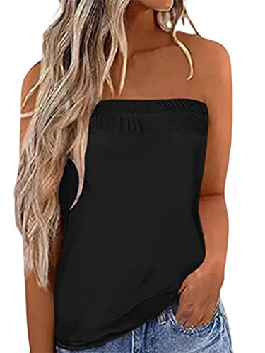 Flprinces Damen Tube Tops Ärmellos trägerlos rückenfrei Plissee Stretch Bandeau Tank Top Tunika Weste Hemd Bluse, C-schwarz, M von Flprinces