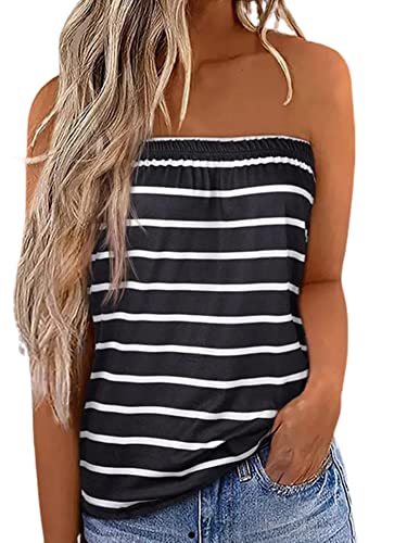 Damen Tube Tops Ärmellos trägerlos rückenfrei Plissee Stretch Bandeau Tank Top Tunika Weste Hemd Bluse, C-schwarze Streifen, Large von Flprinces