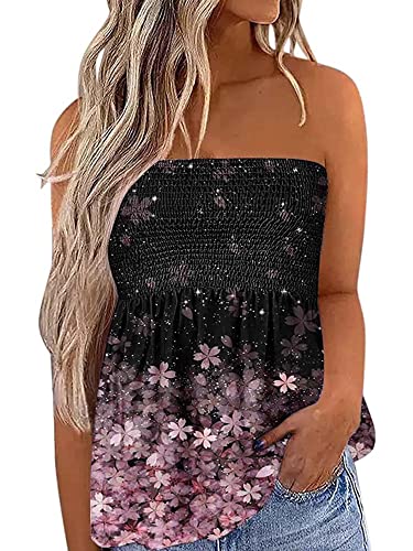 Damen Tube Tops Ärmellos trägerlos rückenfrei Plissee Stretch Bandeau Tank Top Tunika Weste Hemd Bluse, Rosa Blume, Large von Flprinces