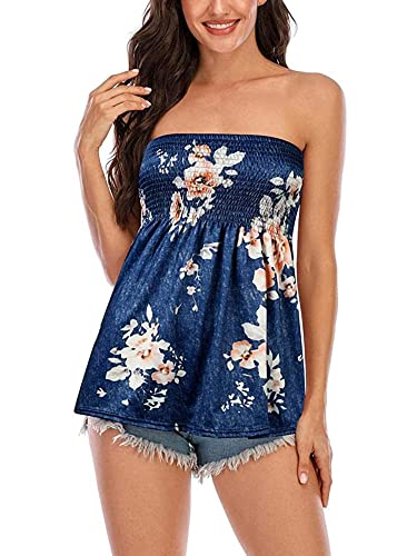 Flprinces Damen Tube Tops Ärmellos trägerlos rückenfrei Plissee Stretch Bandeau Tank Top Tunika Weste Hemd Bluse, B-e-blue Flower, Large von Flprinces