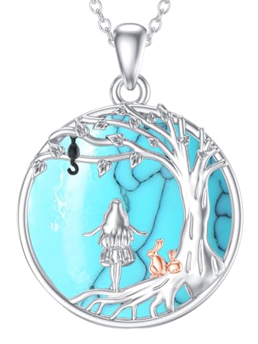 Flpruy Alice Kette für Mädchen S925 Sterling Silber Alice Im Wunderland Halskette Türkis Lebensbaum Anhänger Alice Schmuck Geschenke für Frauen Mädchen von Flpruy