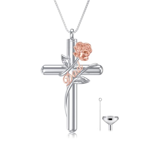 Flpruy Damen Kreuz Urnenketten für Asche, Dad Kreuz Asche Urne Kette Anhänger Halskette mit Geschenkbox, Rose Kreuz Asche Schmuck Kette Geschenke für Frauen Mädchen Frauen von Flpruy