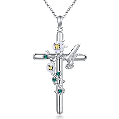 Flpruy Damen Kreuz Kette 925er Sterling Silber, Kolibri Kreuz Kristall Anhänger Halskette mit Geschenkbox, Kreuz Schmuck Kette Geschenke für Frauen Mädchen Frauen von Flpruy