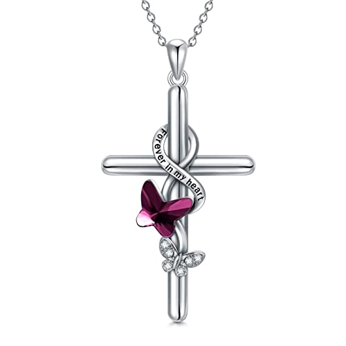 Flpruy Damen Kreuz Kette 925er Sterling Silber, Schmetterling Kreuz Kristall Anhänger Halskette mit Geschenkbox, Kreuz Schmuck Kette Geschenke für Frauen Mädchen Frauen (Lila) von Flpruy