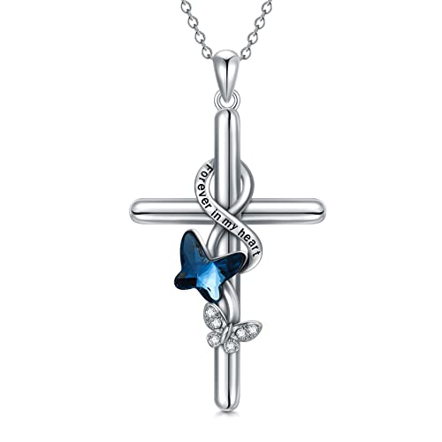 Flpruy Damen Kreuz Kette 925er Sterling Silber, Schmetterling Kreuz Kristall Anhänger Halskette mit Geschenkbox, Kreuz Schmuck Kette Geschenke für Frauen Mädchen Frauen （Blau） von Flpruy