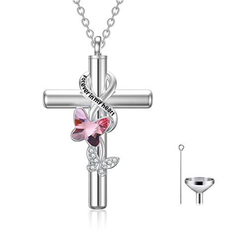 Flpruy Damen Kreuz Urnenketten für Asche, Rosa Schmetterling Kreuz Asche Urne Kette Kristall Anhänger Halskette mit Geschenkbox, Kreuz Asche Schmuck Kette Geschenke für Frauen Mädchen Frauen von Flpruy