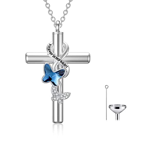 Flpruy Damen Kreuz Urnenketten für Asche, Schmetterling Kreuz Asche Urne Kette Kristall Anhänger Halskette mit Geschenkbox, Kreuz Asche Schmuck Kette Geschenke für Frauen Mädchen Frauen von Flpruy