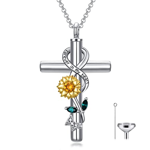 Flpruy Damen Kreuz Urnenketten für Asche, Sonnenblume Kreuz Asche Urne Kette Kristall Anhänger Halskette mit Geschenkbox, Kreuz Asche Schmuck Kette Geschenke für Frauen Mädchen Frauen von Flpruy