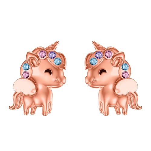 Flpruy Einhorn Geschenke für Mädchen 925 Sterling Silber Einhorn Ohrringe für Mädchen Regenbogen Kristall Ohrringe Einhornschmuck Kindertag Geschenk für Mädchen Damen Tochter(Rose) von Flpruy