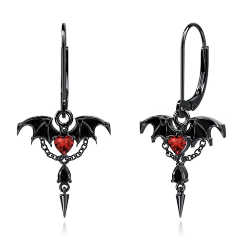 Flpruy Gothic-Fledermaus-Ohrringe Sterlingsilber Vampir-Halloween-Fledermaus baumelnder Ohrring mit Ketten und rotem Geburtsstein Schmuck für Frauen Halloween Weihnachtsgeschenke von Flpruy