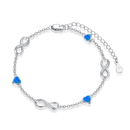 Flpruy Unendlichkeitszeichen Fußkettchen Damen 925 Sterling Silber Unendlichkeitszeichen Drei Herz Synthetischer Blauer Opal Fußkettchen Verstellbar Fußkette Weihnachten Geschenk für Frauen von Flpruy