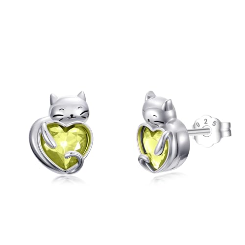 Flpruy Katze Ohrringe S925 Sterling Silber August Katze Birthstone Stud Mädchen Katze Stud Kristall Peridot Schmuck mit Kitty Geschenke für Mama Damen Mädchen Geburtstag von Flpruy