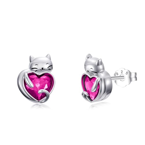 Flpruy Katze Ohrringe S925 Sterling Silber Juli Katze Birthstone Stud Mädchen Katze Stud Kristall RubyJewelry mit Kitty Geschenke für Mama Damen Mädchen Geburtstag von Flpruy