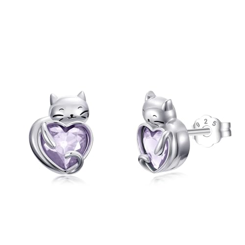 Flpruy Katze Ohrringe S925 Sterling Silber Juni Katze Birthstone Stud Mädchen Katze Stud Kristall Lavendel Schmuck mit Kitty Geschenke für Mama Damen Mädchen Geburtstag von Flpruy