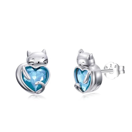 Flpruy Katze Ohrringe S925 Sterling Silber März Katze Birthstone Stud Mädchen Katze Stud Kristall Aquamarin Schmuck mit Kitty Geschenke für Mama Damen Mädchen Geburtstag von Flpruy