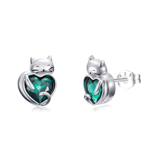 Flpruy Katze Ohrringe S925 Sterling Silber Mai Katze Birthstone Stud Mädchen Katze Stud Kristall EmeraldJewelry mit Kitty Geschenke für Mama Damen Mädchen Geburtstag von Flpruy