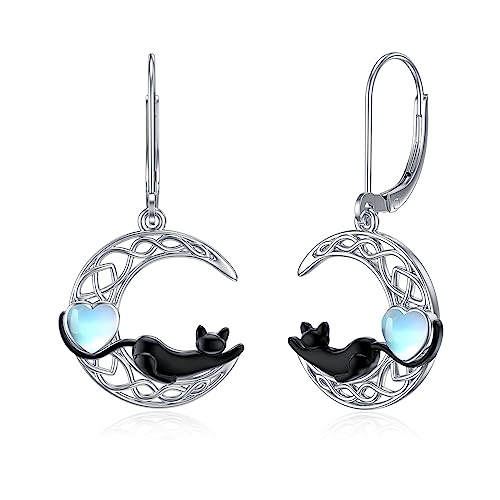 Flpruy Katzenohrring, schwarze Katzenohrringe für Frauen, Sterlingsilber, Mondohrring, keltischer Ohrring, Tierohrringe, schwarze Katze, Geschenke für Katzenliebhaber von Flpruy